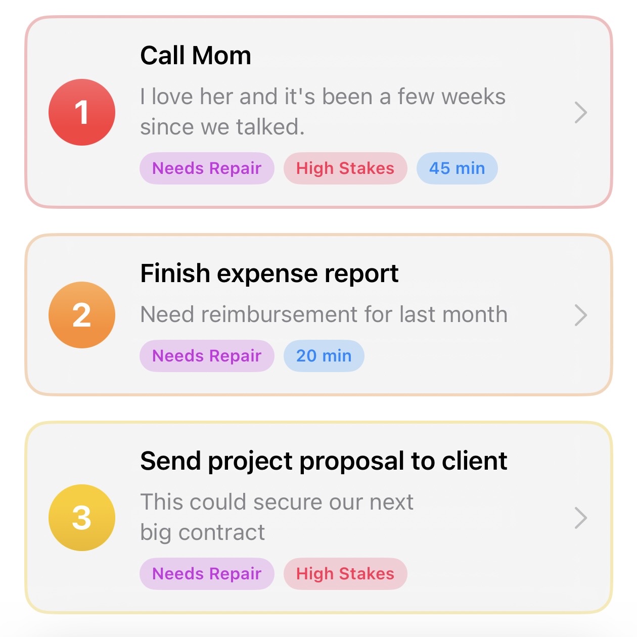 Daily Focus view showing top 3 prioritized tasks