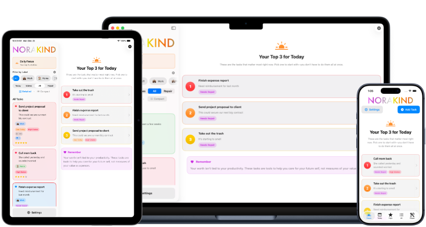Norakind app on iPhone, iPad, and Mac showing Daily Focus with top 3 tasks